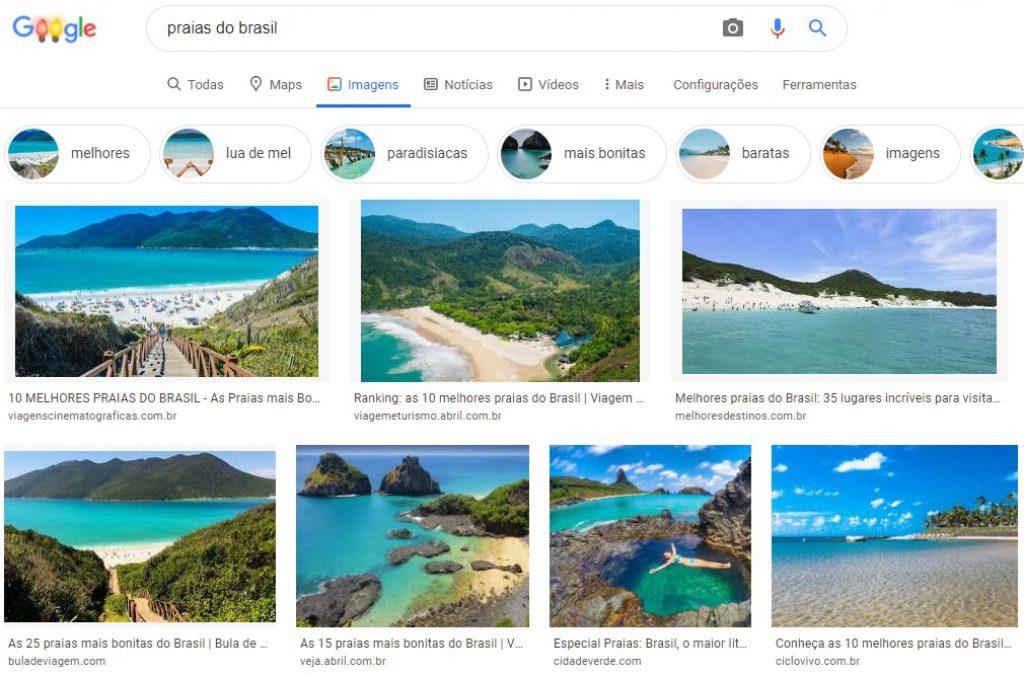 Exemplo de busca por "praias do brasil" no Google Imagens, uma das formas de como conseguir tráfego orgânico