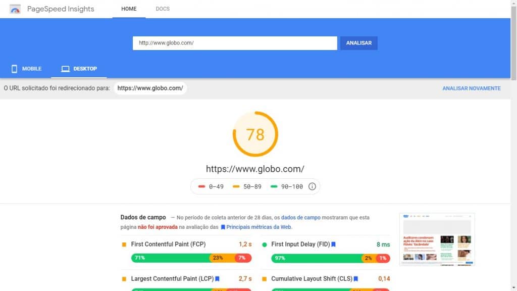 Exemplo de análise do Page Speed Insights do Google